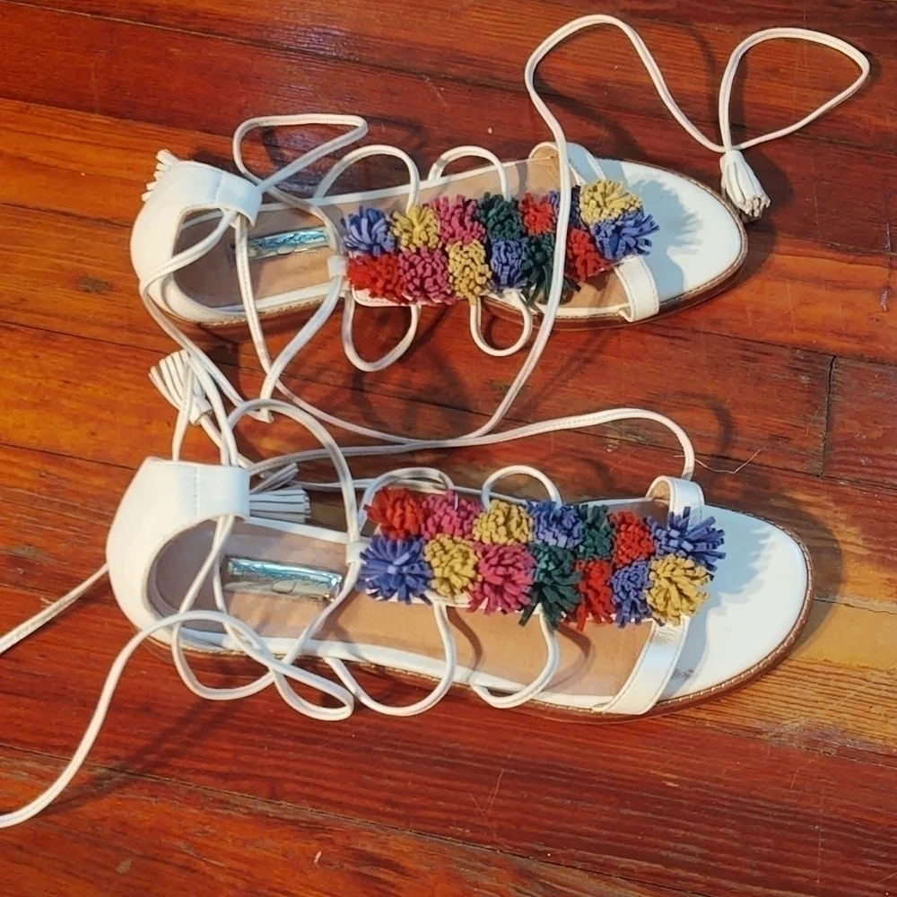 Halogen Lace Up Strappy Rainbow Pom-Poms Sandals Sz 8.5 - Picture 5 of 9